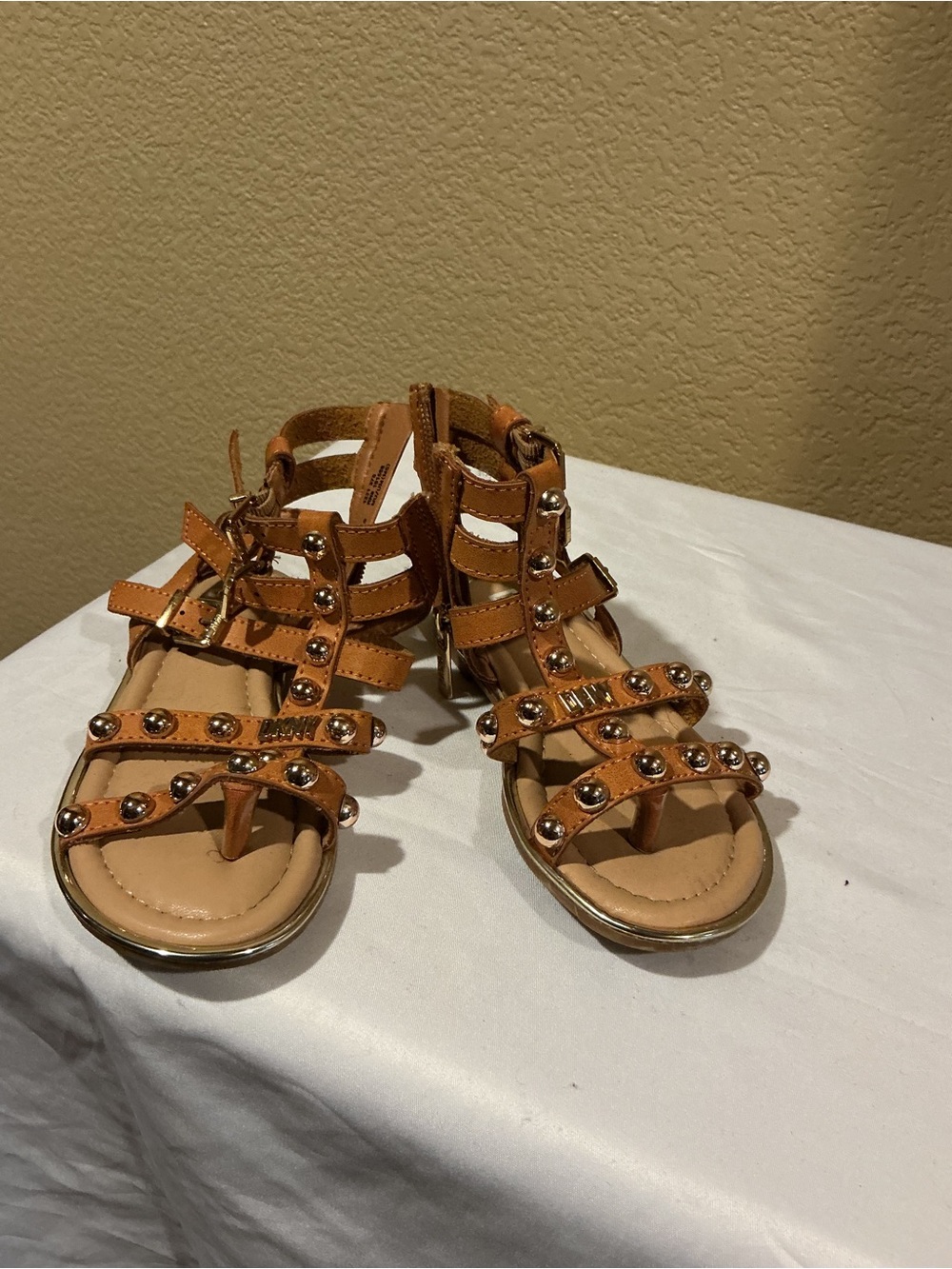 DKNY Studded Strappy Sandals in Tan/Cognac